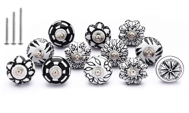 NAQSH Ceramic Cabinet Knobs Kitchen Drawer Knob Handpainted Cupboard Door & Drawers Pulls (Black & White, 12) - Image 1